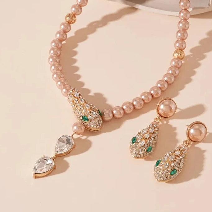 Women’s Rhinestone & Imitation Pearl Jewelry Set – Snake Chain Necklace & Drop Earrings