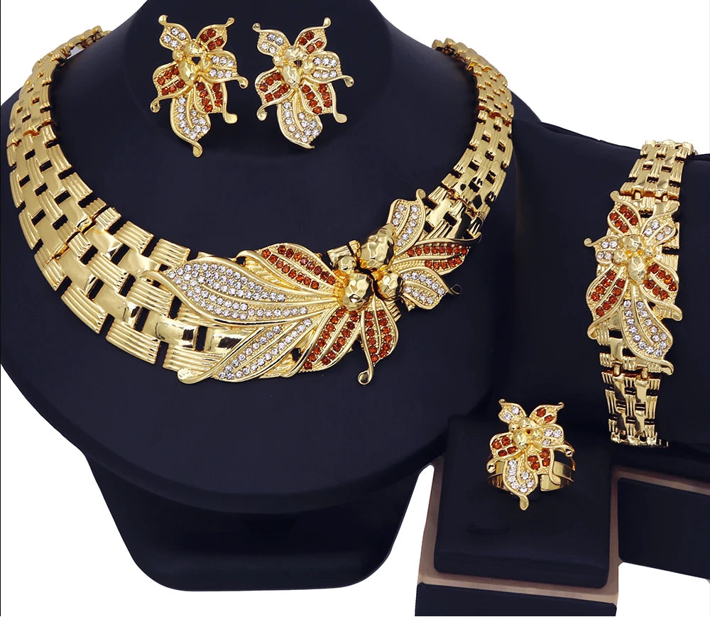 Luxury Gold Plated 4-Piece Floral Jewelry Set – Choker Necklace, Bracelet, Earrings & Ring
