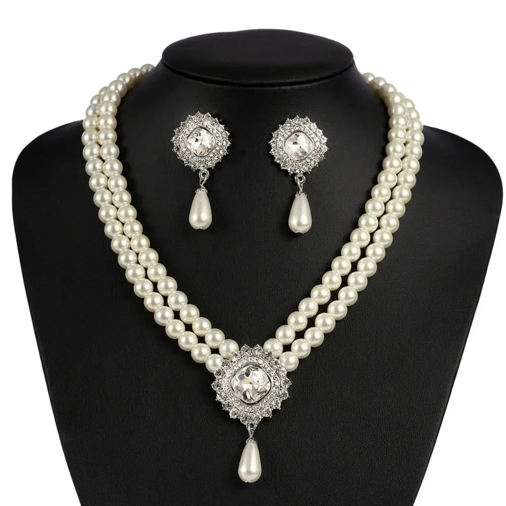 Elegant Pearl Jewelry Set – Classic Layered Necklace & Drop Earrings