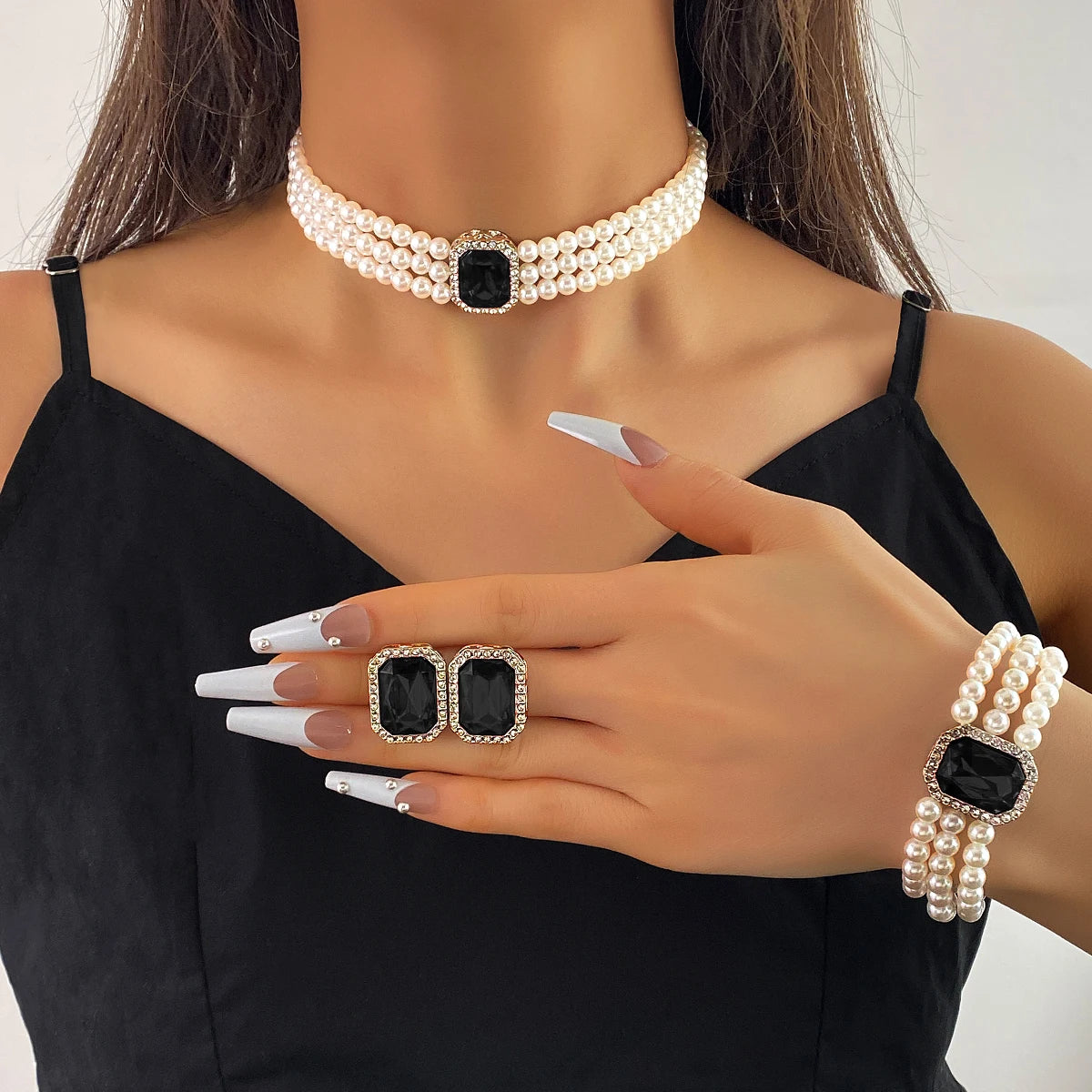 Luxury 3-Piece Pearl & Rhinestone Bridal Jewelry Set – Necklace, Earrings & Bracelet