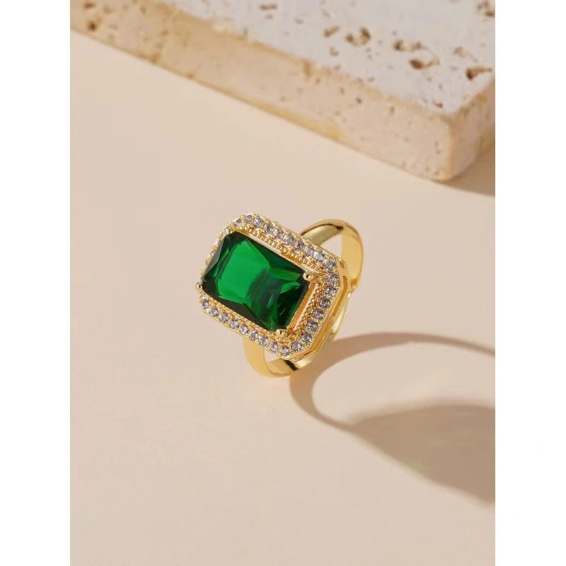 Emerald Green Crystal Jewelry Set – Square Rhinestone Necklace, Earrings Ring Luxury Gold Women’s Set