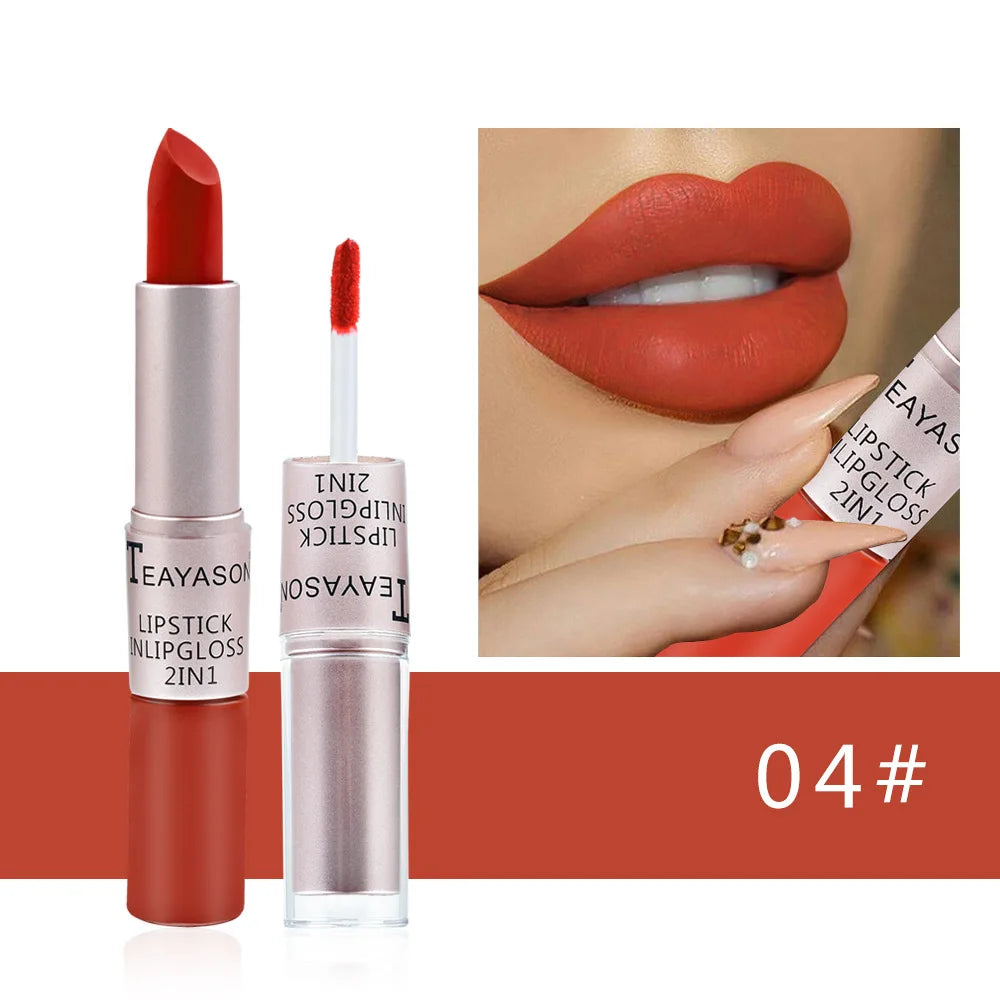 2-in-1 Velvet Matte Lipstick & High-Shine Lip Gloss – Long-Lasting, Waterproof & Non-Stick