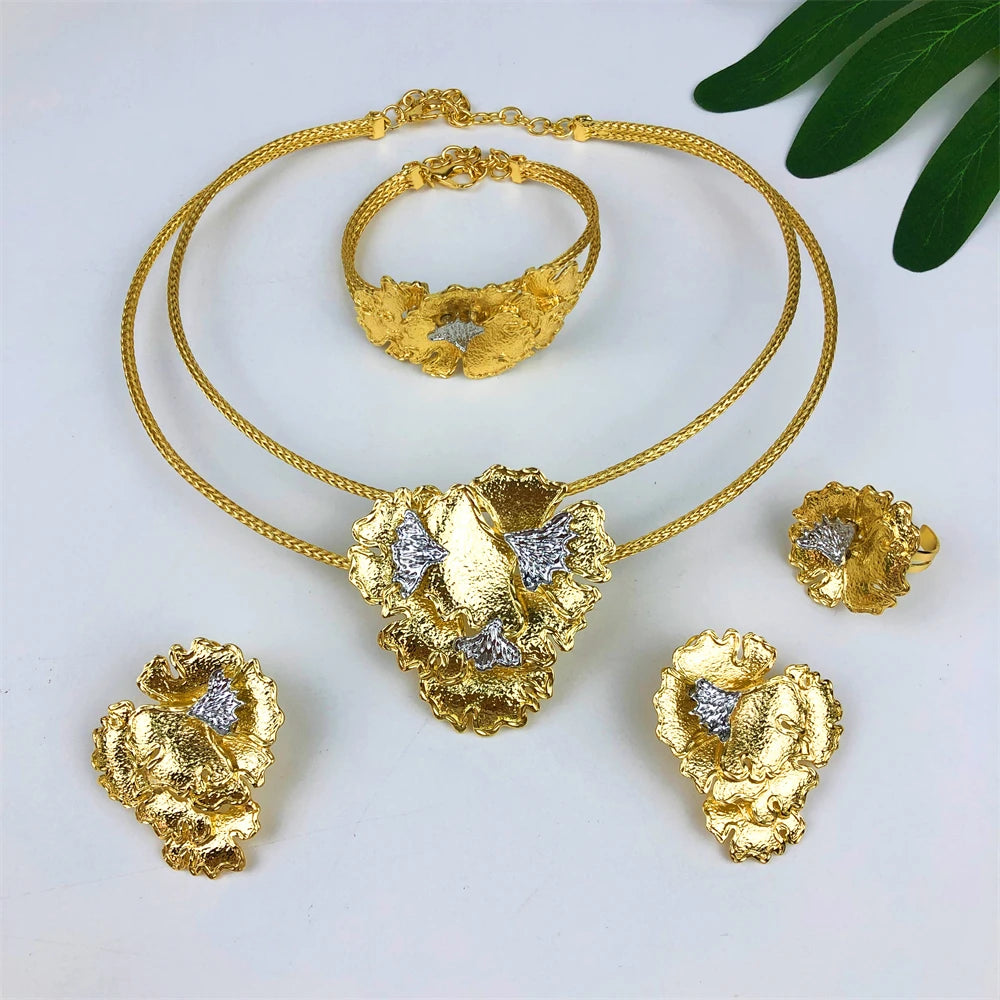 Luxury Gold Flower Jewelry Set – Necklace, Bracelet, Earrings &  Ring