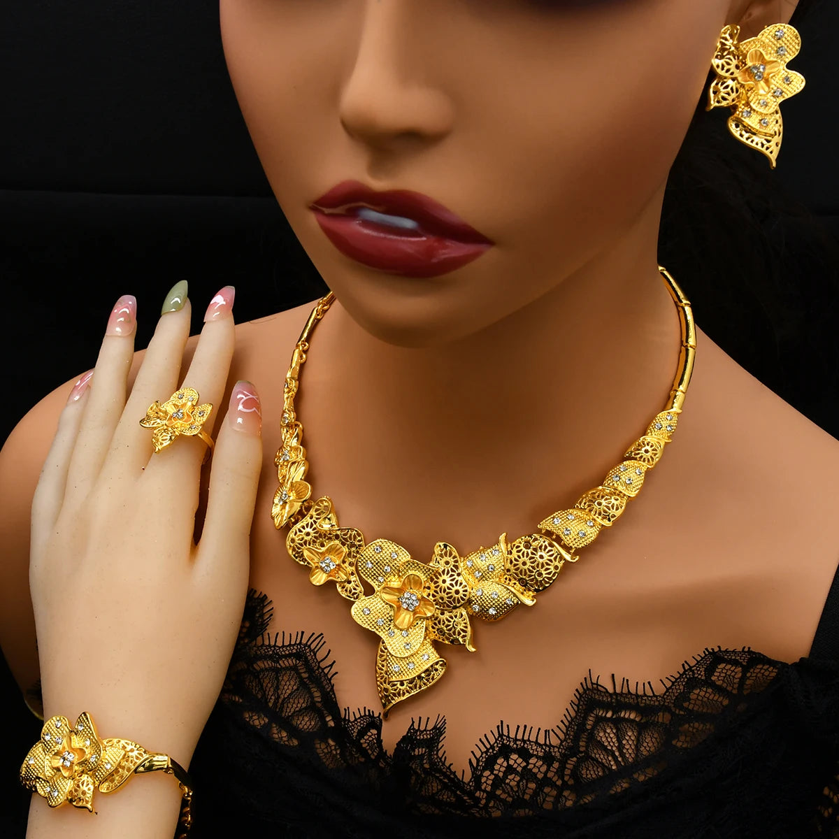 Luxury Indian Bridal Jewelry Set – Gold Color Ethiopian Dubai Necklace & Earrings & Bracelet & Ring for Women