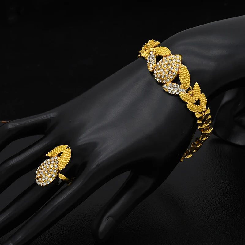 Bridal Jewelry Sets For Women Gold Color Ethiopian Luxury Dubai Necklace, Earrings, Brecelet, Ring
