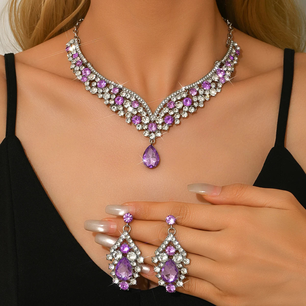 Luxury Crystal Necklace & Earrings Jewelry Set – Gold Tone Bridal Wedding Party Jewelry