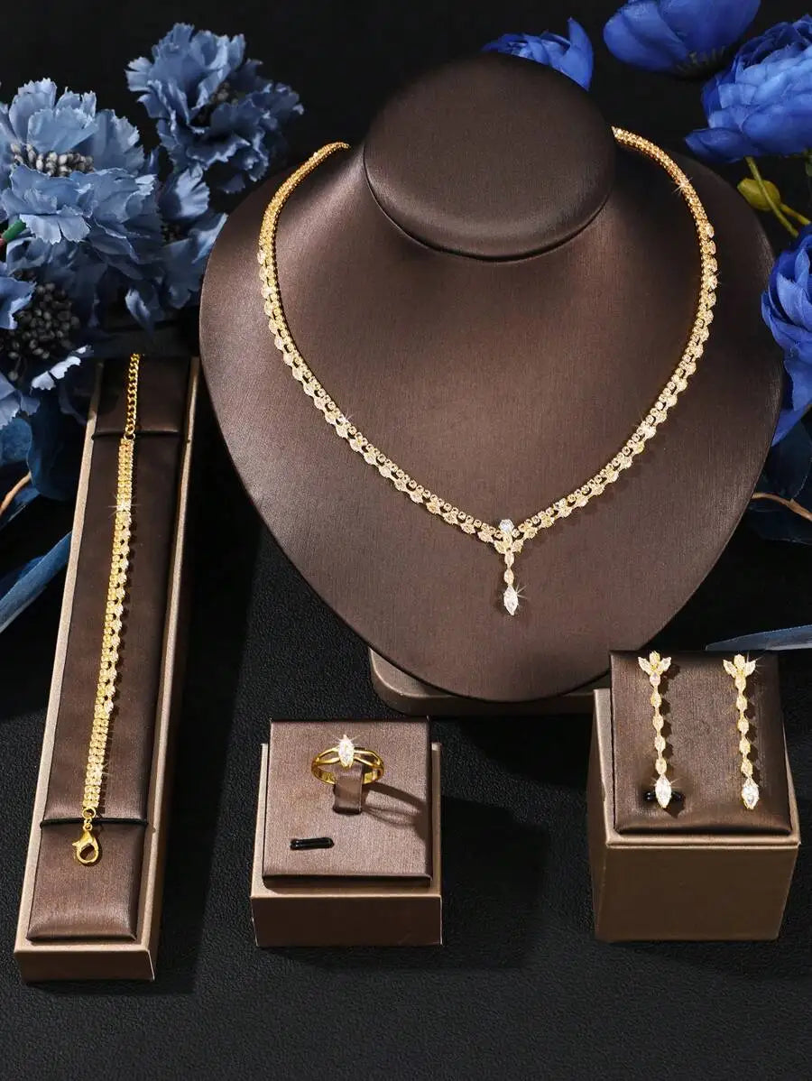 Luxury 4-Piece Zirconia Bridal Jewelry Set – Crystal Necklace, Earrings, Bracelet & Ring