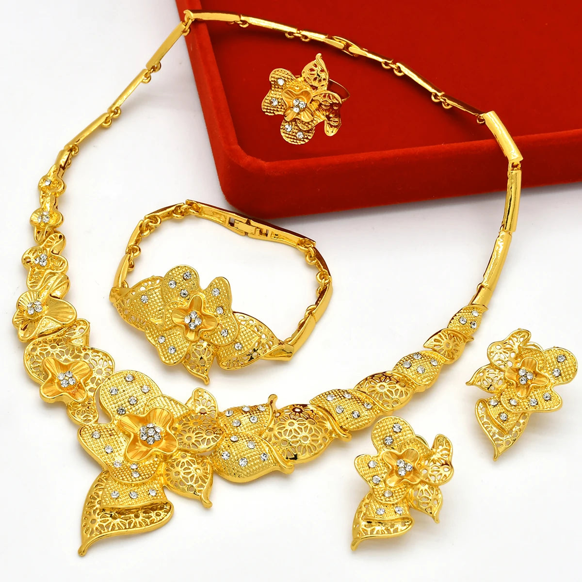 Luxury Indian Bridal Jewelry Set – Gold Color Ethiopian Dubai Necklace & Earrings & Bracelet & Ring for Women