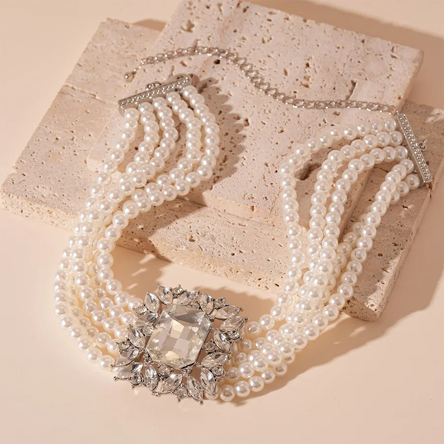 Elegant Crystal Jewelry Set – Pearl Choker Necklace, Statement Earrings & Bracelet for Weddings