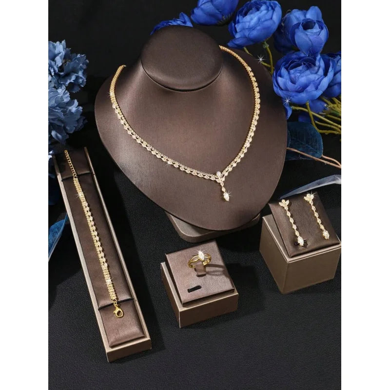 Luxury 4-Piece Zirconia Bridal Jewelry Set – Crystal Necklace, Earrings, Bracelet & Ring