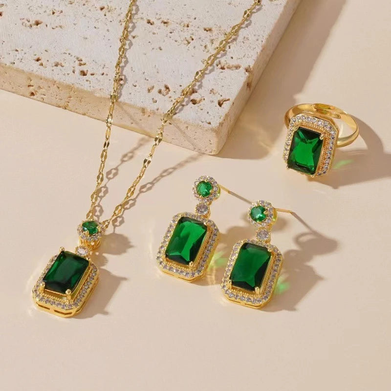 Emerald Green Crystal Jewelry Set – Square Rhinestone Necklace, Earrings Ring Luxury Gold Women’s Set