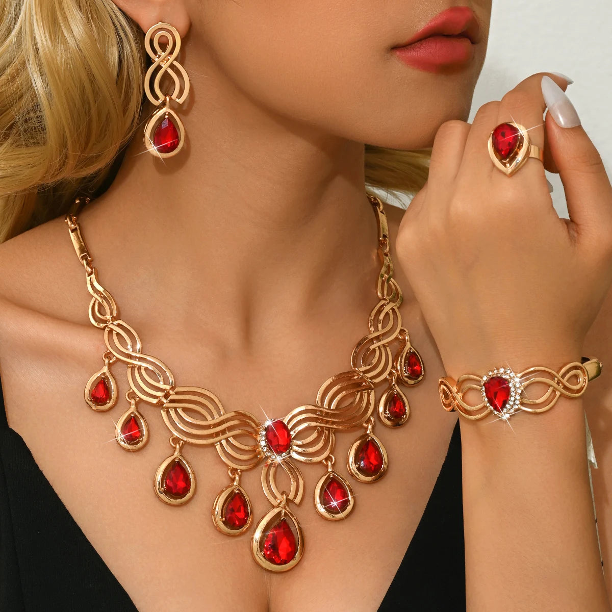 Luxury Crystal Jewelry Set | Red & Black