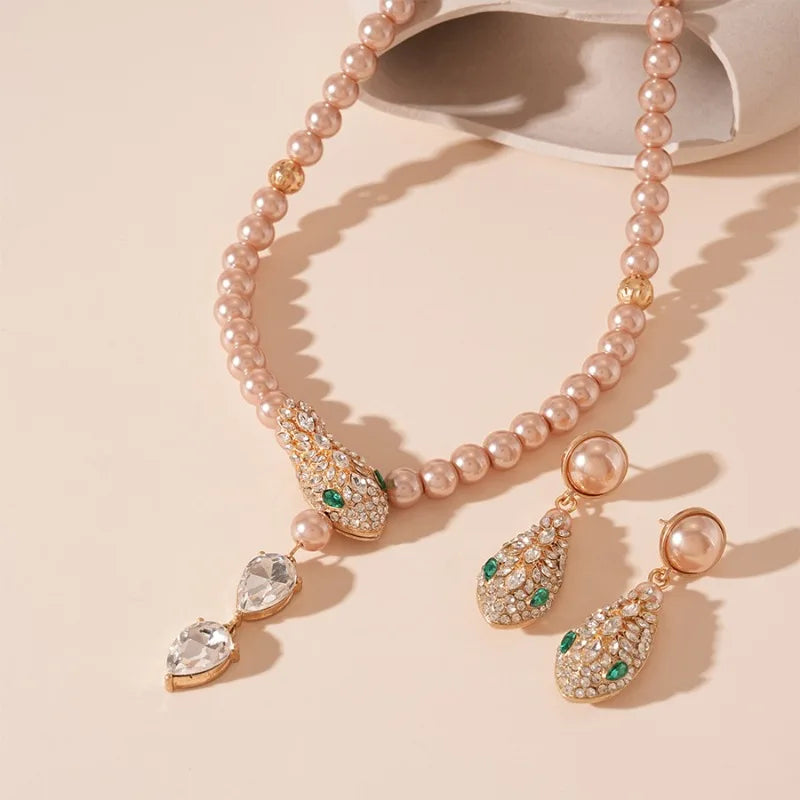 Women’s Rhinestone & Imitation Pearl Jewelry Set – Snake Chain Necklace & Drop Earrings
