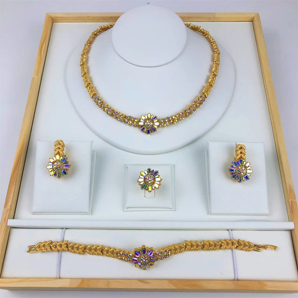 Luxury Gold-Tone Bridal Jewelry Set – Necklace, Bracelet, Earrings & Ring