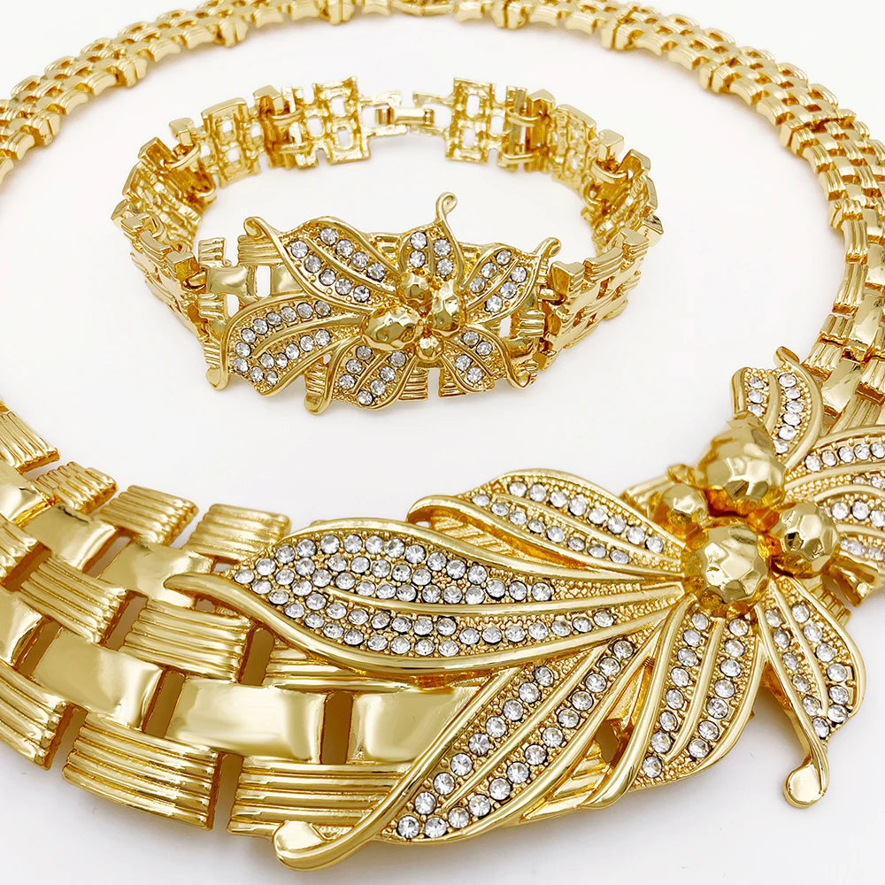 Luxury Gold Plated 4-Piece Floral Jewelry Set – Choker Necklace, Bracelet, Earrings & Ring