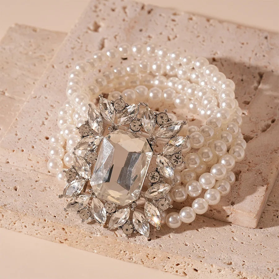 Elegant Crystal Jewelry Set – Pearl Choker Necklace, Statement Earrings & Bracelet for Weddings