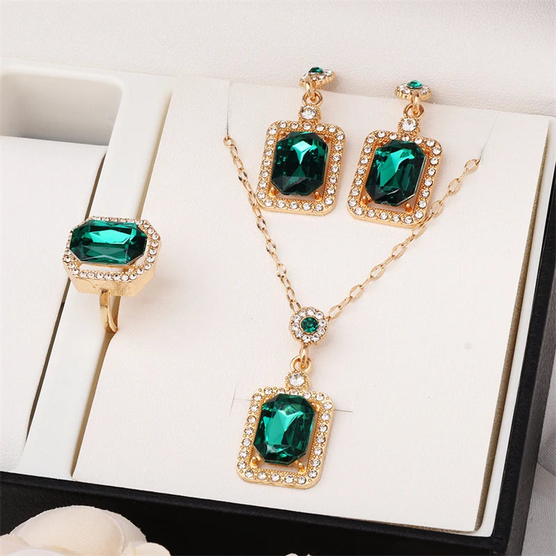 Emerald Green Crystal Jewelry Set – Square Rhinestone Necklace, Earrings Ring Luxury Gold Women’s Set