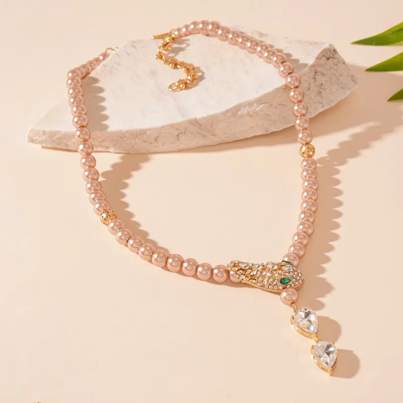 Women’s Rhinestone & Imitation Pearl Jewelry Set – Snake Chain Necklace & Drop Earrings