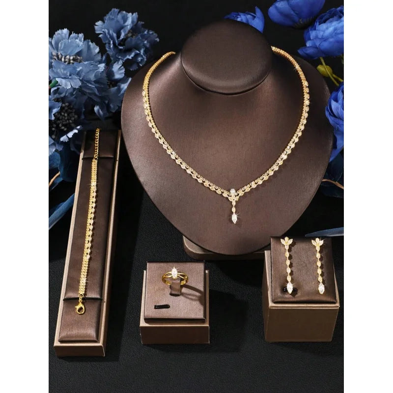 Luxury 4-Piece Zirconia Bridal Jewelry Set – Crystal Necklace, Earrings, Bracelet & Ring