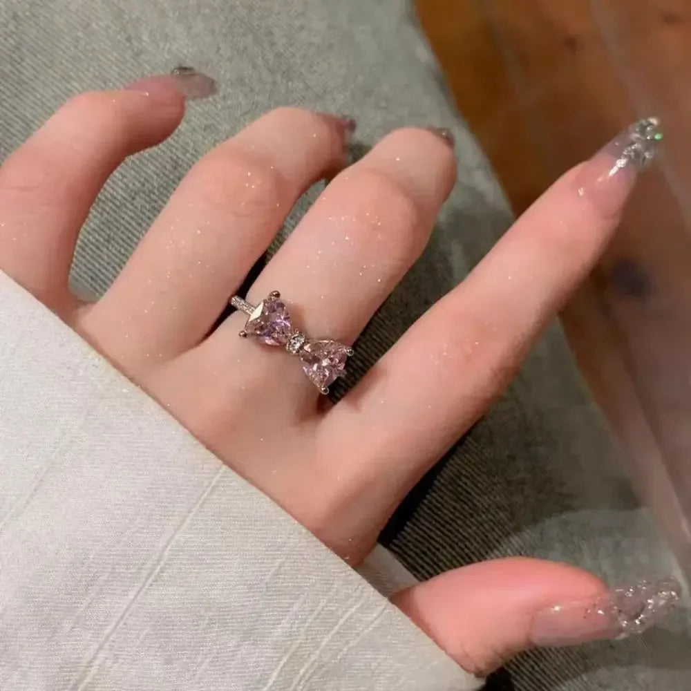 Pink Crystal Bow Necklace & Ring Set – Elegant Jewelry Gift for Women