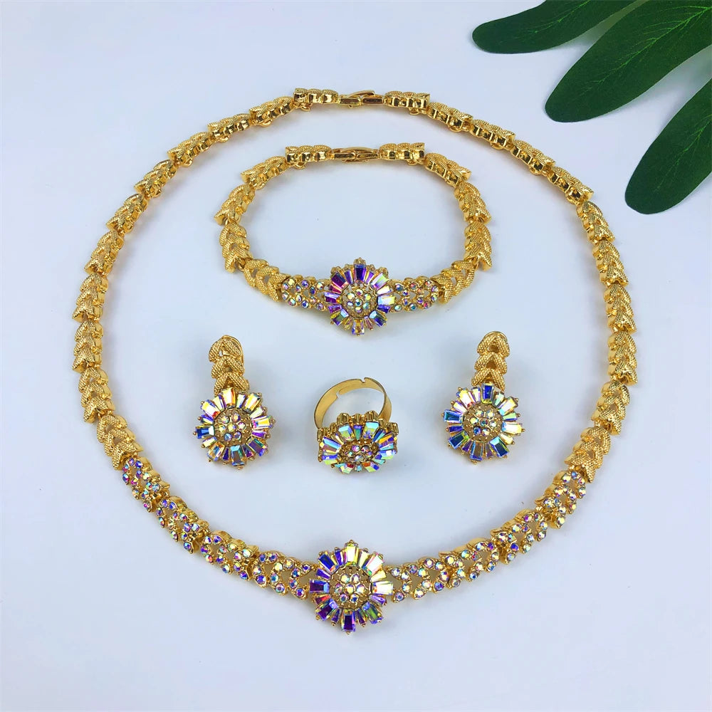 Luxury Gold-Tone Bridal Jewelry Set – Necklace, Bracelet, Earrings & Ring