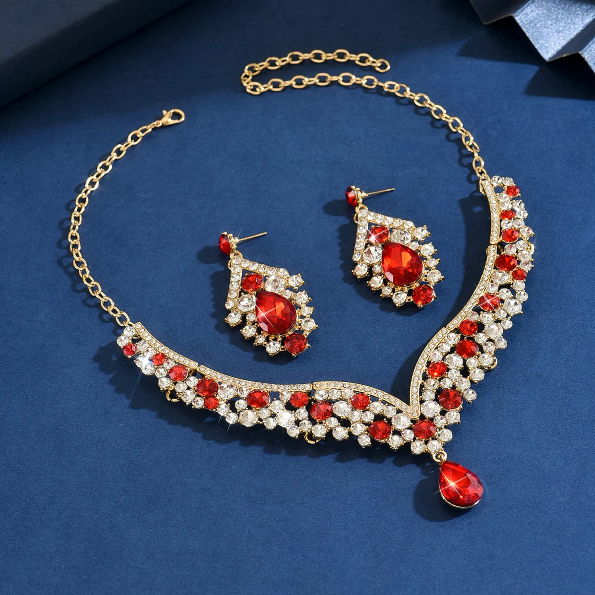 Luxury Crystal Necklace & Earrings Jewelry Set – Gold Tone Bridal Wedding Party Jewelry