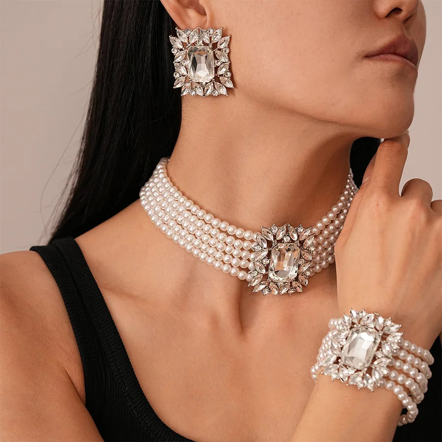 Elegant Crystal Jewelry Set – Pearl Choker Necklace, Statement Earrings & Bracelet for Weddings
