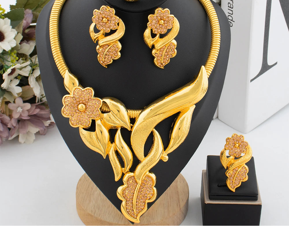 Luxury Gold-Plated Jewelry Set for Women – Necklace, Earrings, Bracelet & Ring