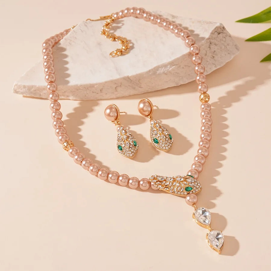 Women’s Rhinestone & Imitation Pearl Jewelry Set – Snake Chain Necklace & Drop Earrings