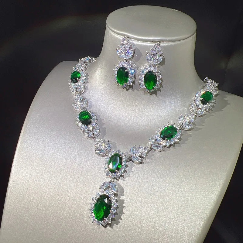 Luxury Emerald Green Crystal Bridal Jewelry Set – Necklace & Earrings & Ring  – Silver