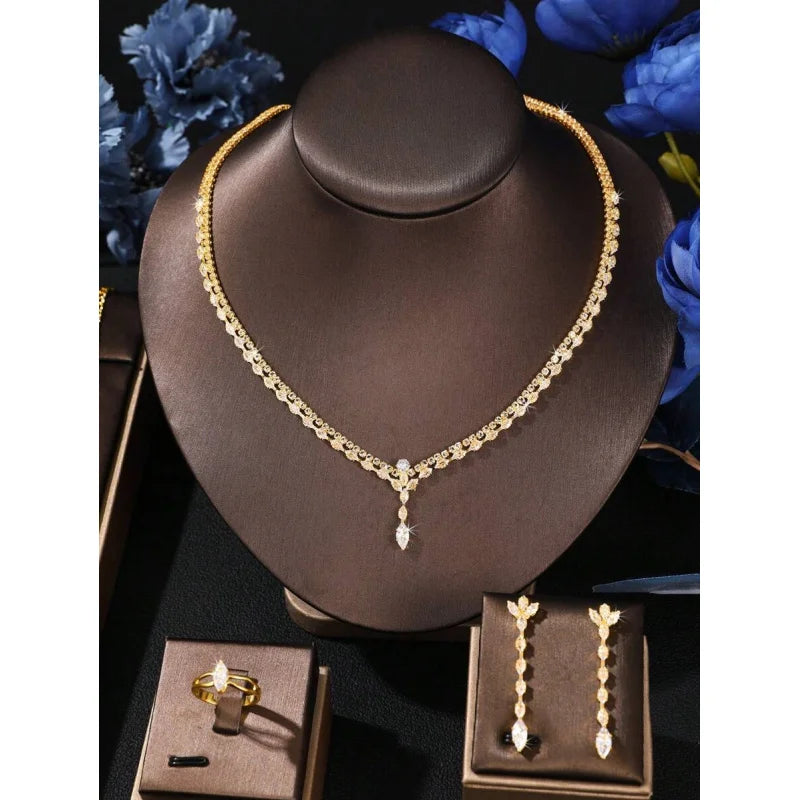 Luxury 4-Piece Zirconia Bridal Jewelry Set – Crystal Necklace, Earrings, Bracelet & Ring