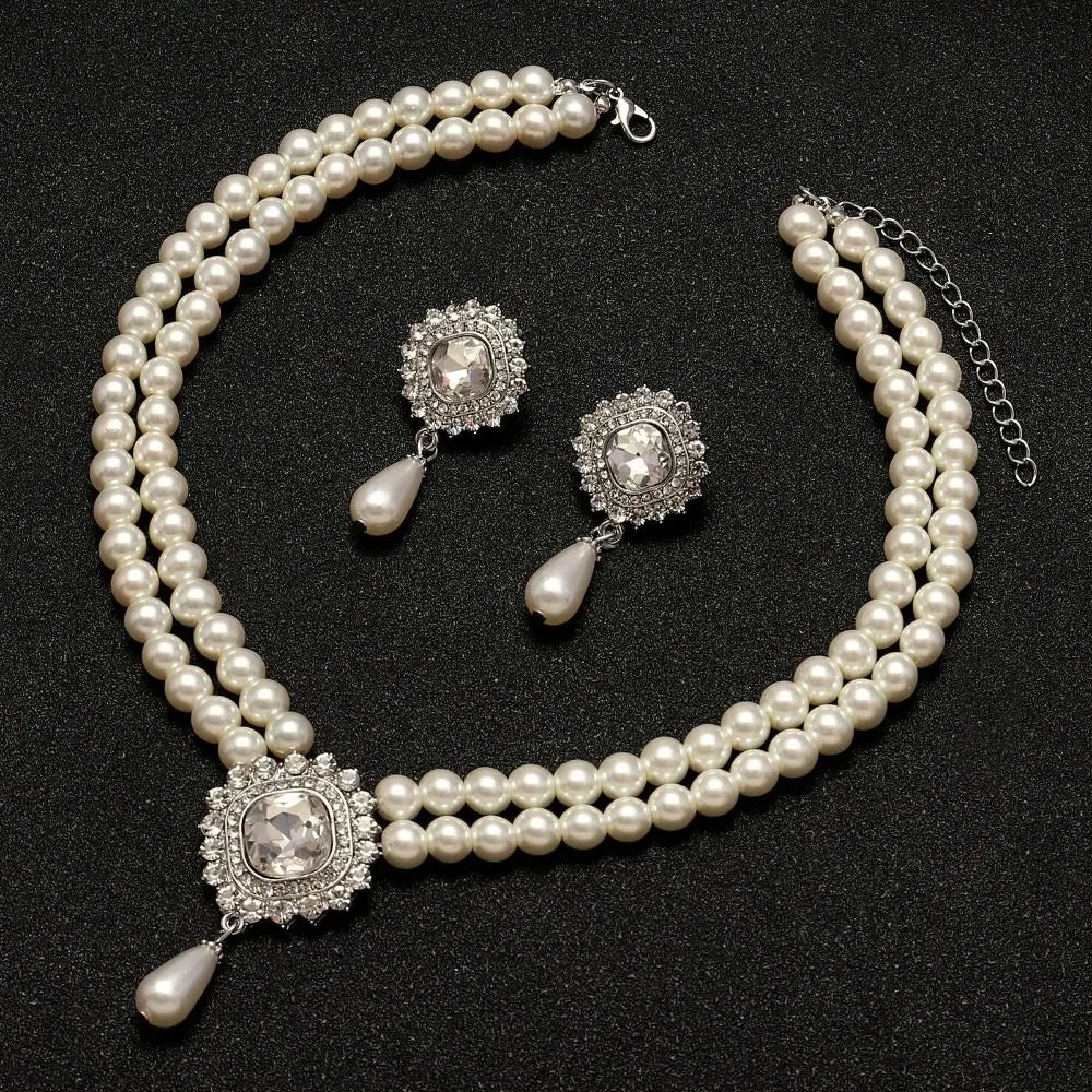 Elegant Pearl Jewelry Set – Classic Layered Necklace & Drop Earrings