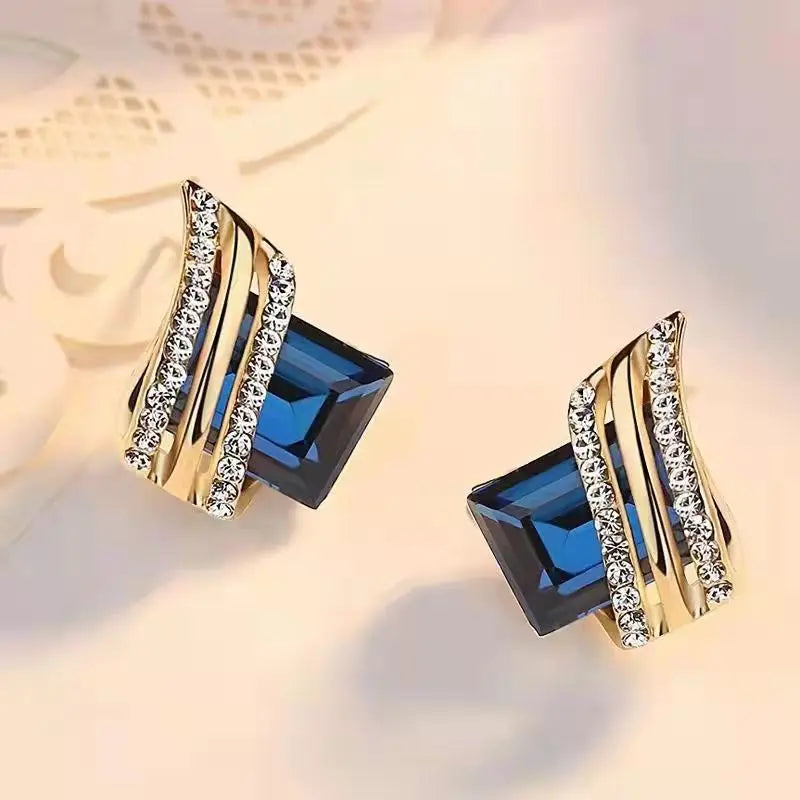 Luxury four Colors Red, Green, Black, Blue Crystal Drop Earrings for Women | Gold-Tone Statement Jewelry