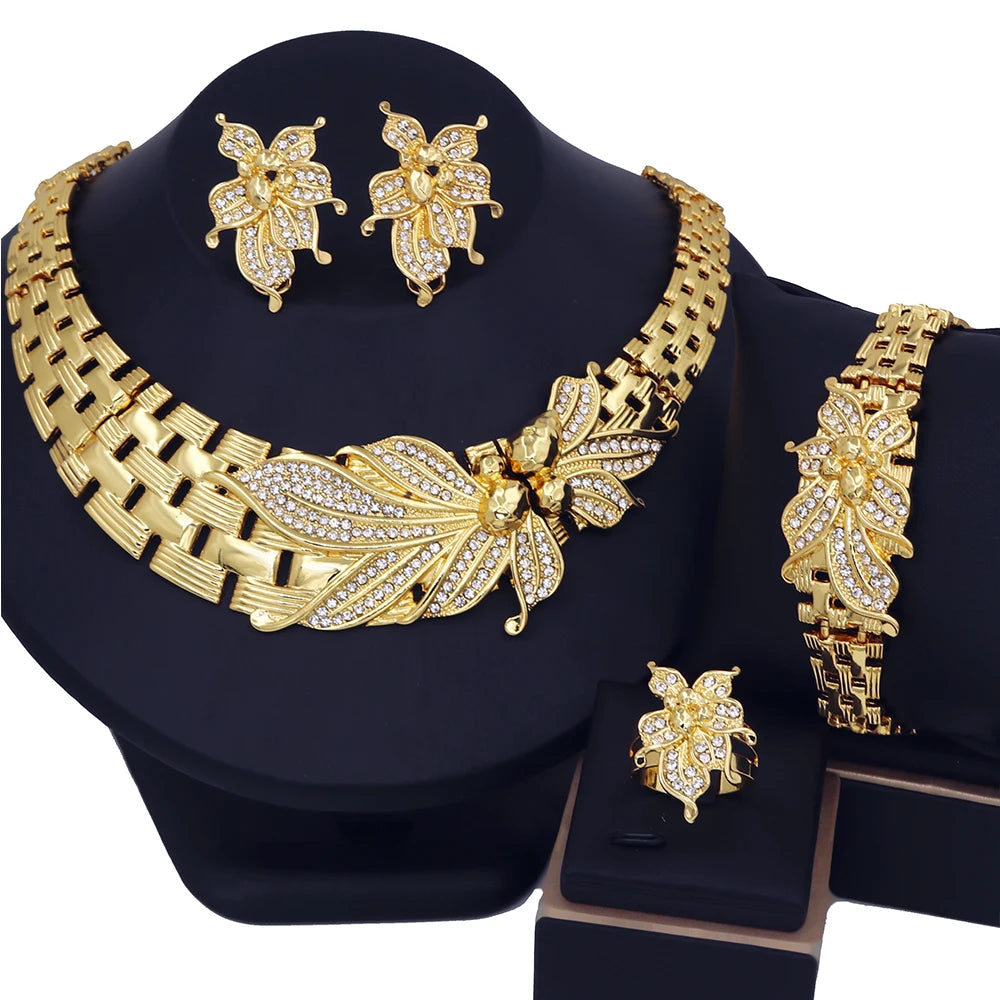Luxury Gold Plated 4-Piece Floral Jewelry Set – Choker Necklace, Bracelet, Earrings & Ring