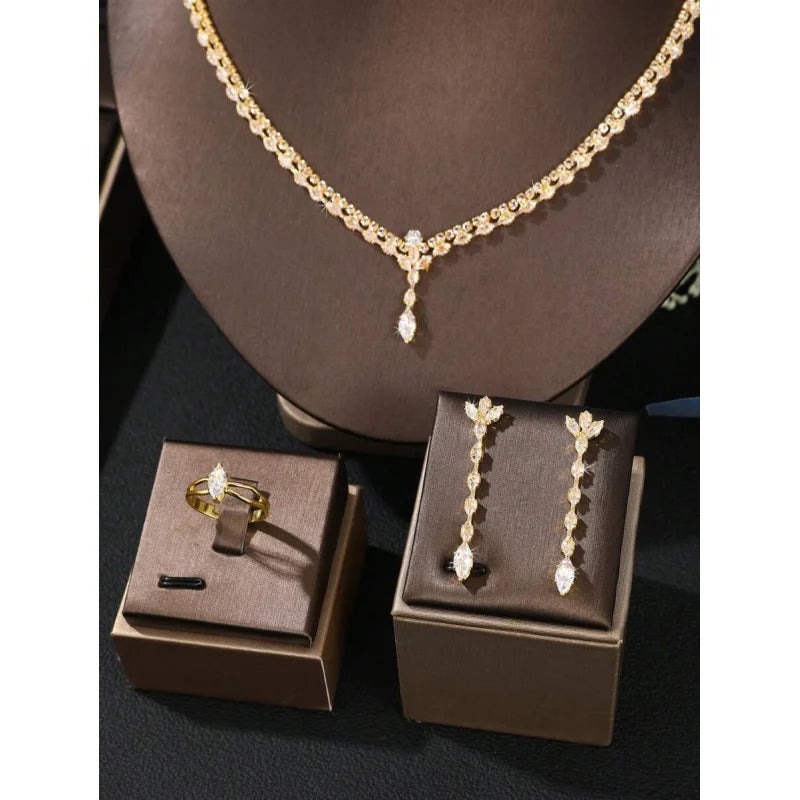 Luxury 4-Piece Zirconia Bridal Jewelry Set – Crystal Necklace, Earrings, Bracelet & Ring