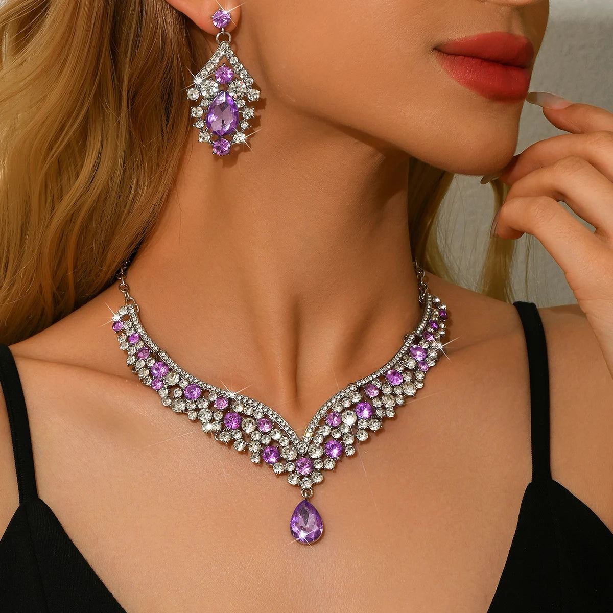 Luxury Crystal Necklace & Earrings Jewelry Set – Gold Tone Bridal Wedding Party Jewelry