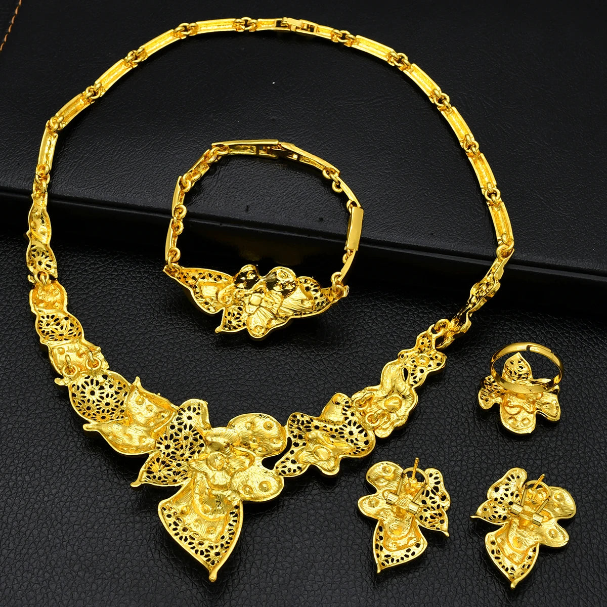 Luxury Indian Bridal Jewelry Set – Gold Color Ethiopian Dubai Necklace & Earrings & Bracelet & Ring for Women