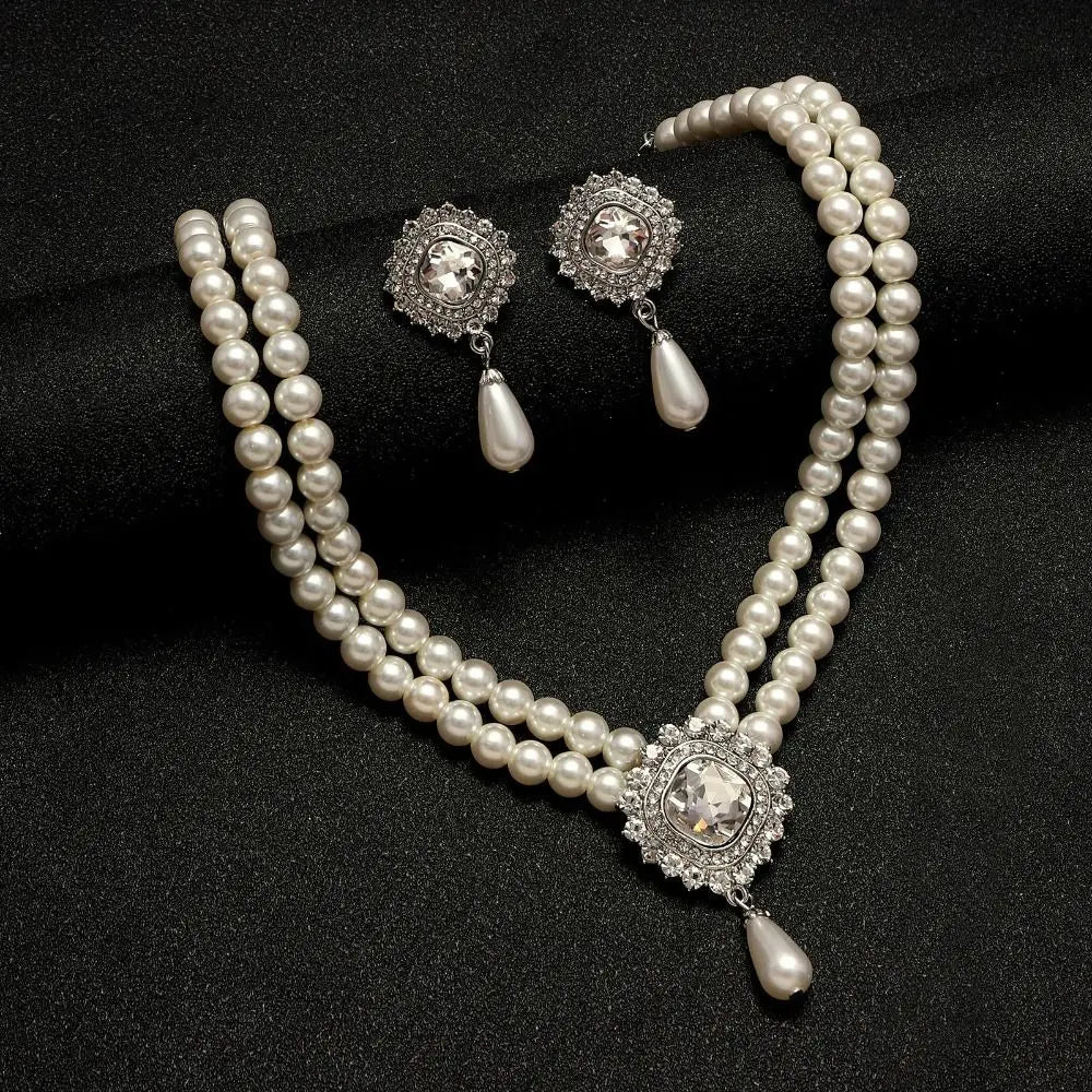 Elegant Pearl Jewelry Set – Classic Layered Necklace & Drop Earrings