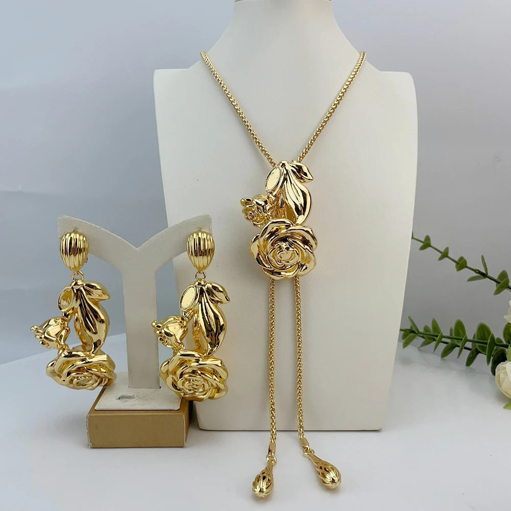Luxury Gold Rose Jewelry Set – Floral Pendant Necklace & Drop Earrings for Women