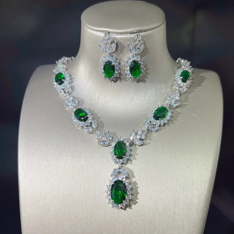 Luxury Emerald Green Crystal Bridal Jewelry Set – Necklace & Earrings & Ring  – Silver