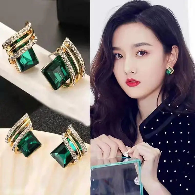 Luxury four Colors Red, Green, Black, Blue Crystal Drop Earrings for Women | Gold-Tone Statement Jewelry