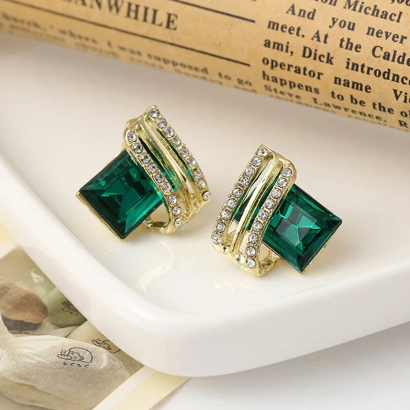 Luxury four Colors Red, Green, Black, Blue Crystal Drop Earrings for Women | Gold-Tone Statement Jewelry
