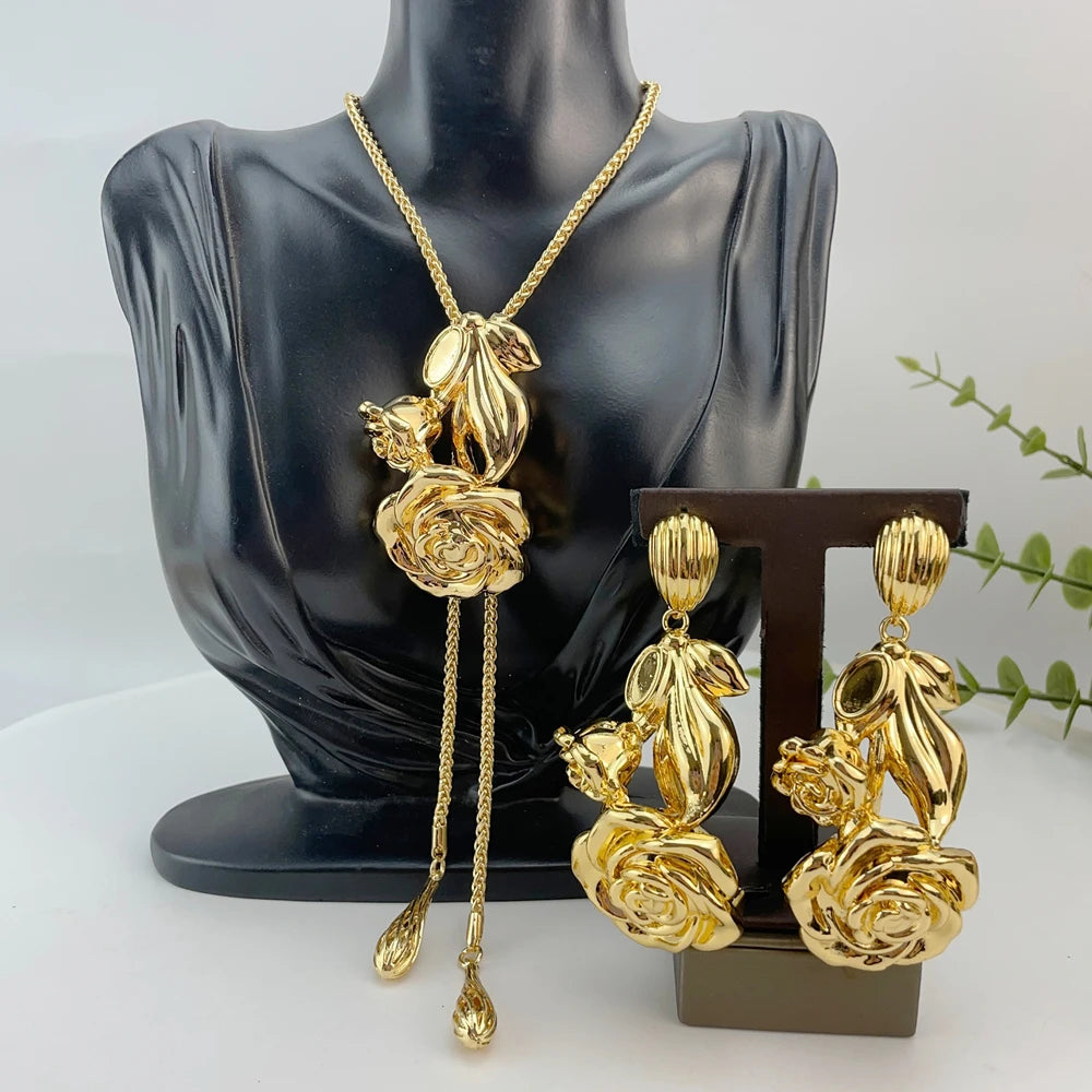 Luxury Gold Rose Jewelry Set – Floral Pendant Necklace & Drop Earrings for Women