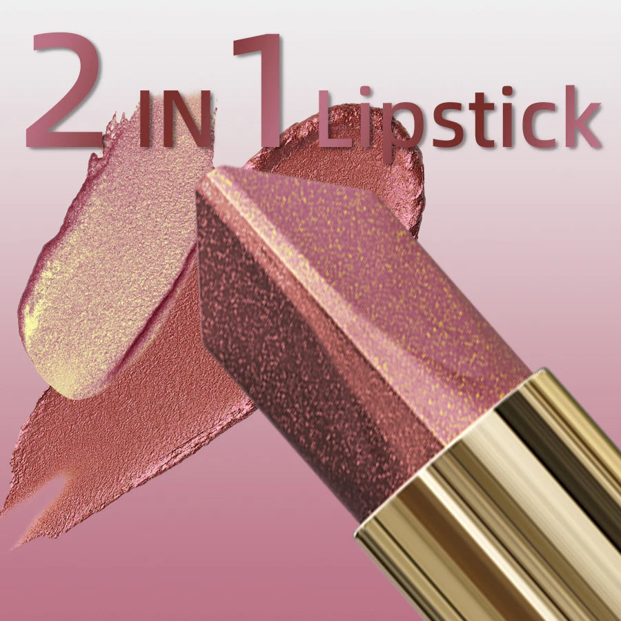 Two-Tone Glitter Metallic Lipstick – Pearl Shine, Long-Lasting & Moisturizing