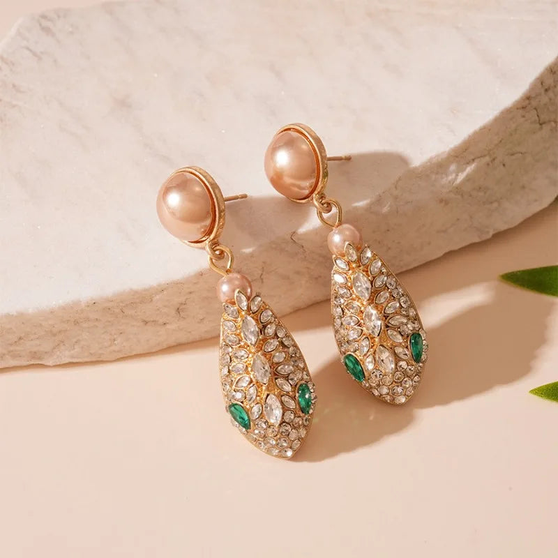 Women’s Rhinestone & Imitation Pearl Jewelry Set – Snake Chain Necklace & Drop Earrings