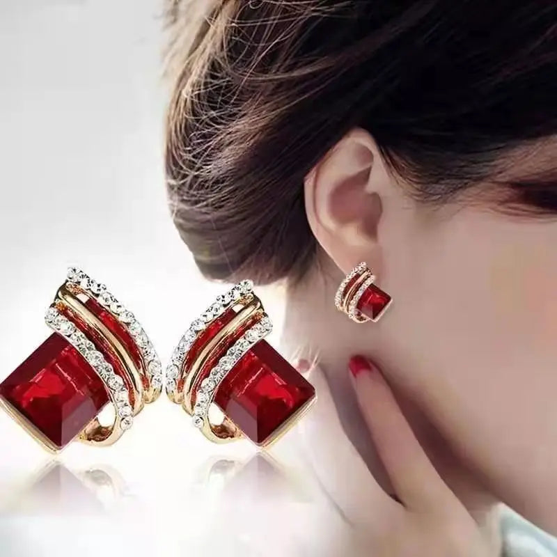Luxury four Colors Red, Green, Black, Blue Crystal Drop Earrings for Women | Gold-Tone Statement Jewelry