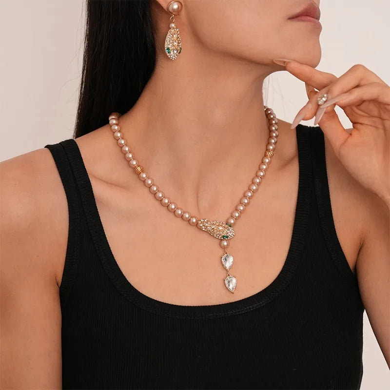 Women’s Rhinestone & Imitation Pearl Jewelry Set – Snake Chain Necklace & Drop Earrings