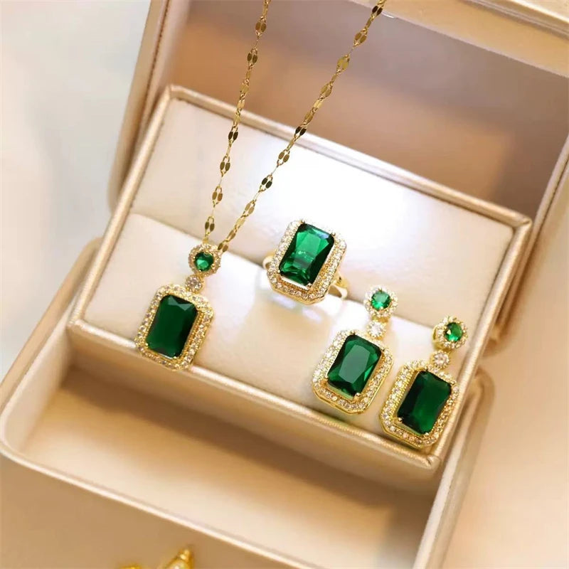 Emerald Green Crystal Jewelry Set – Square Rhinestone Necklace, Earrings Ring Luxury Gold Women’s Set