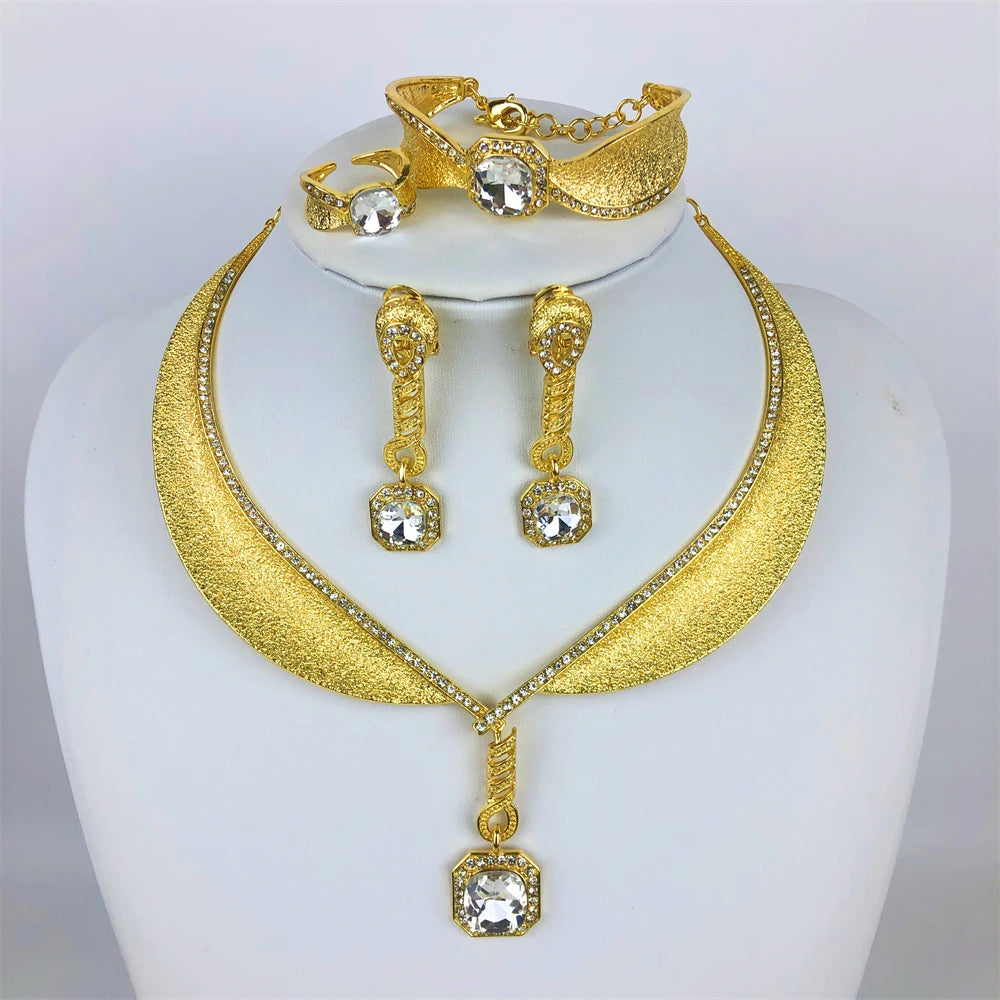 Luxury Two-Tone Gold Jewelry Set – Water Drop Pendant Necklace, Earrings, Bracelet & Ring