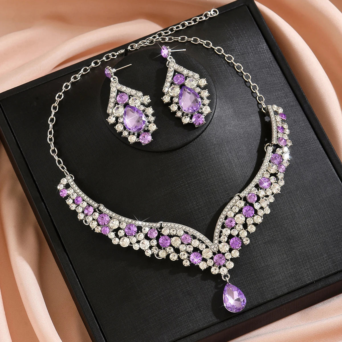 Luxury Crystal Necklace & Earrings Jewelry Set – Gold Tone Bridal Wedding Party Jewelry